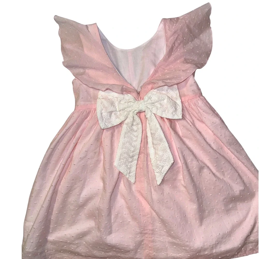 Mabel + Honey‎ Pink Swiss Dot Flutter Sleeve White Bow Back  Dress Girls Size 5